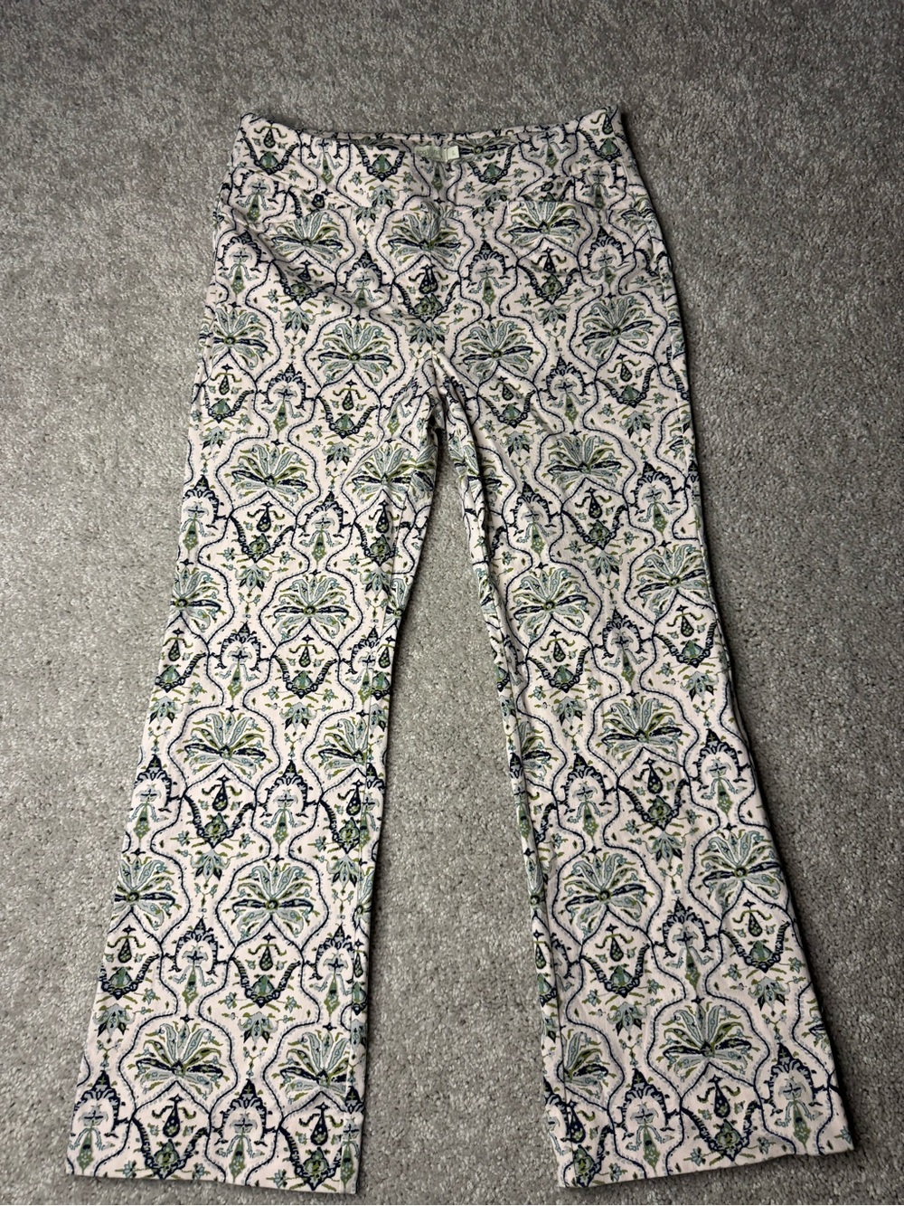 Spartina 449 White Pants with Green & Navy Medallion Print Flare